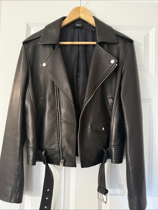 Theory Jackets & Blazers - Theory Black Lambskin Leather Moto Jacket with Belted Hem